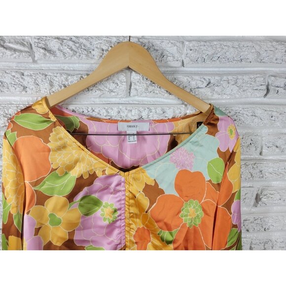 Forever 21 Women Top 1X Plus Crop Boho Festival Orange Floral Tie Front FLO58E - Picture 3 of 8